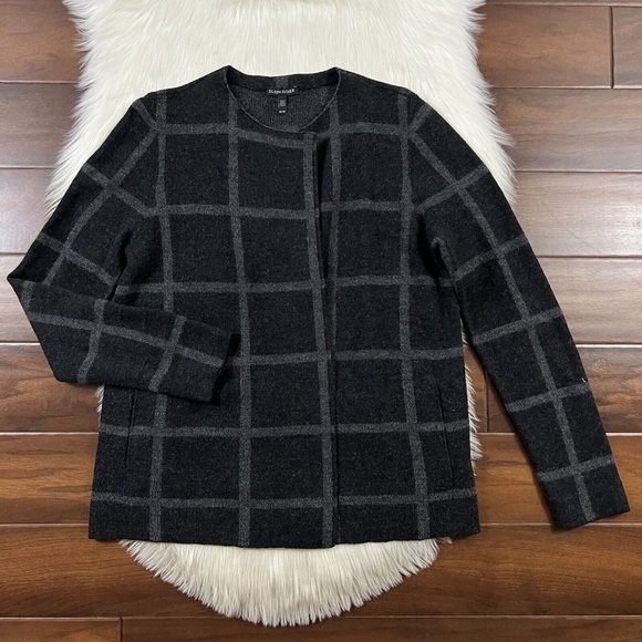 Eileen Fisher Size XS Windowpane Plaid Merino Wool Open Front Cardigan Sweater - Picture 1 of 11